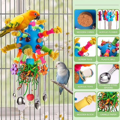 Parrot Toys Bird Toys Perch Pullable Stainless Steel Spoons Colorful Acrylic Stick Chew Toys for Amazons Mini Macaws African Greys Cockatoos Conures, Cockatiels, Lovebirds, Parrotlets and Other (blue)