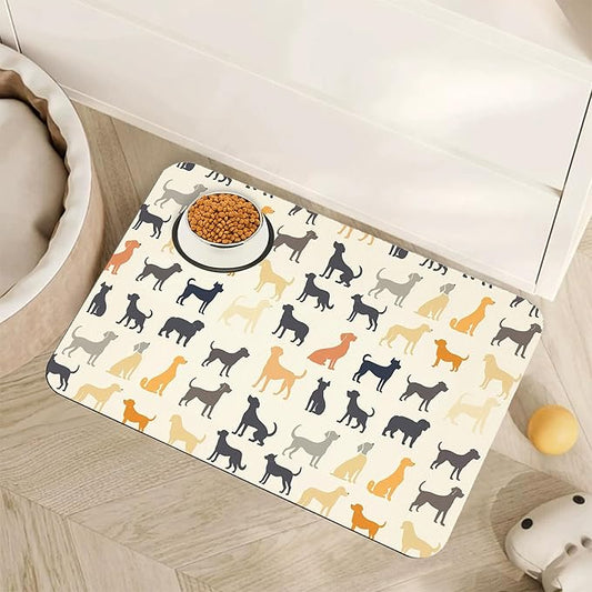 Cute Dog Cat Food Mat,Color Silhouette Absorbent Pet Feeding Mat with Rubber Backing,Non-Slip Water Bowl Placemat,Indoor Pet Accessories Supplies 12"x20"