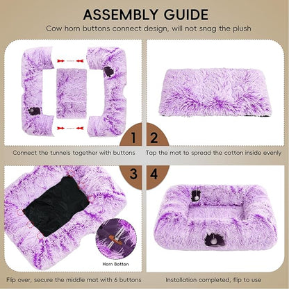 Extra Large Cat Tunnel Bed, 4 Ways Tunnels for Indoor Cats, Multi-cat Family Pet Bed & Cave, Plush Cat Donut with Washable Middle Mat, Exit Balls, Pet Play Toy for Kitten Puppy Rabbit, Purple
