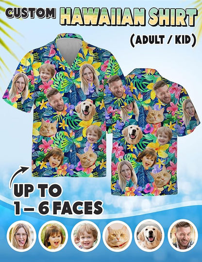 Custom Hawaiian Shirt with Face Photo Picture for Men Women Kids Youth Adult, Tropical Personalized Hawaiian Shirts Gift