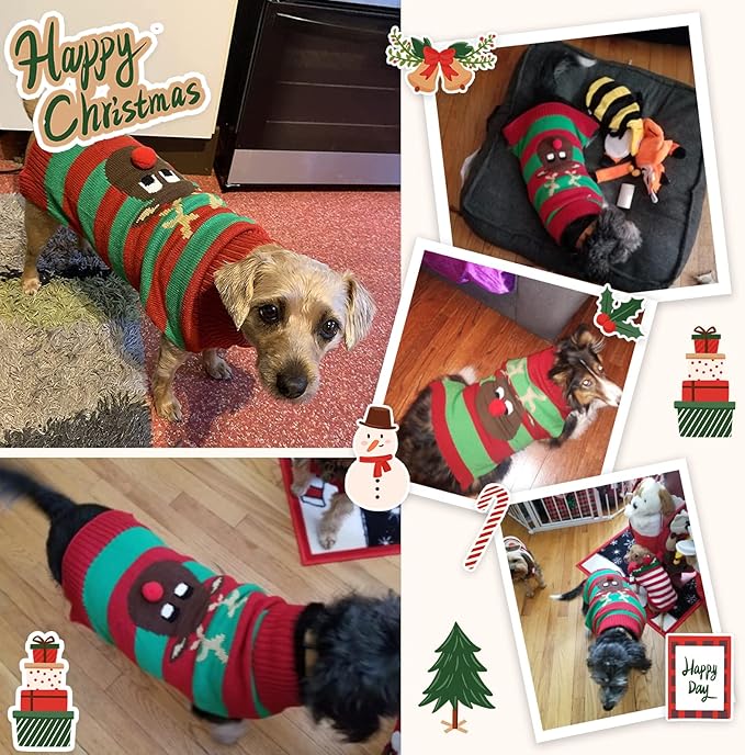 Dog Cat Christmas Sweater Boy Girl Ugly Reindeer Xmas Pet Clothes Holiday Puppy Costume New Year Gifts for Small Medium Large Dogs Outfits (XS, Red Green Stripe Reindeer)