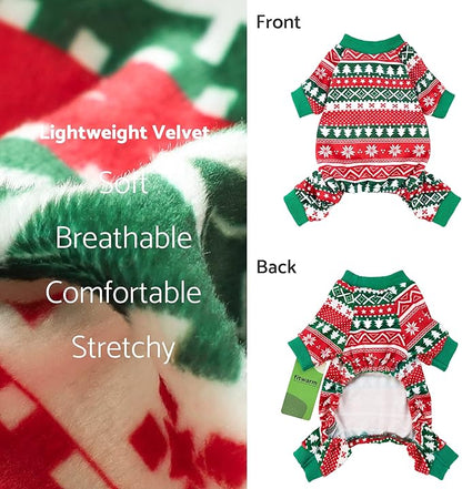 Fitwarm Dog Christmas Outfit, Holiday Pet Clothes for Small Dogs Boy Girl, Festive Pajamas with Feet, Puppy Onesie, Red, Green, Medium