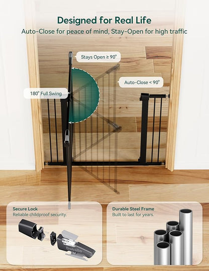 Babelio 36" Tall Baby Gate, 29-48" Auto-Close and Pressure Mounted Baby Gate for Stairs, Doorways, Hallway, Easy Walk Thru Pet Gate, Metal Child Gate with 2*Y Spindle Rods, Black