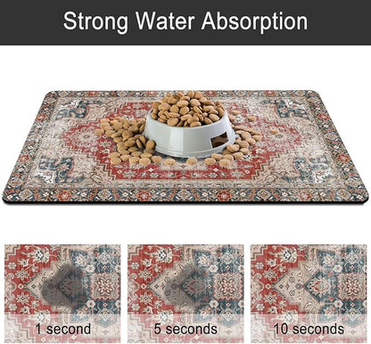 Dog Food Mats for Floors, Absorbent and Quick-Drying Pet Cat Food Mat,Anti-Fouling and Easy-to-Clean Pet Feeding Mat,Dog Bowl Mat for Messy Drinking Water Bowls.17 x27, Bohemia Style