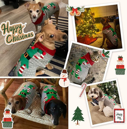 Dog Cat Ugly Christmas Sweater Boy Girl Xmas Pet Clothes Holiday Puppy Costume New Year Gifts for Small Medium Large Dogs Outfits (XS, Grey Elf)