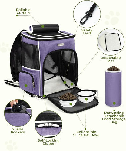 BAGLHER Expandable Cat Carrier Backpacks, Retractable Pet Carrier Backpack for Small Dogs & Cats with Breathable Mesh, Travel Bag Up to 18 Lbs for Hiking Camping Outdoor - Purple