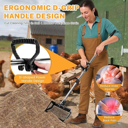 9.8×9.1in Chicken Poop Scooper, Chicken Coop Rake, Multifunctional 2 in 1 Sifting Shovel for Cow Shed Raking/Pet Waste/Yard Cleanup, Adjustable Length/Angle Coop Scoop with Ergonomic Handle (Black)