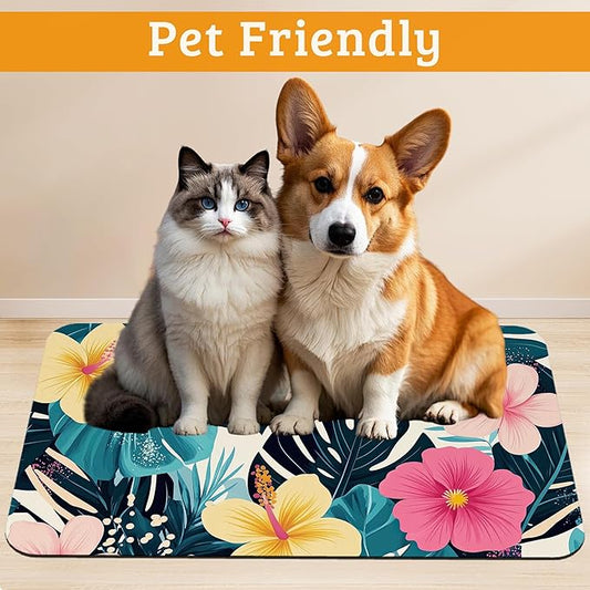 Tropical Palm Dog Food Mat,Exotic Leaves Floral Absorbent Pet Feeding Mat for Food and Water Bowl,Quick Dry Dog Placemat Non Slip Rubber Backing Waterproof Pet Supplies 12" x 20"