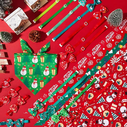 Sanwuta 50 Pcs Christmas Dog Bandanas and Collar Bow Ties Set 25 Bandanas Bulk 25 Xmas Charm Dog Collar Pet Triangle Pet Scarf Bowtie for Small Medium Large Holiday Costume