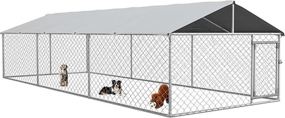PawHut Outdoor Dog Kennel, Heavy Duty Dog Run Outdoor Fence with Waterproof Cover, Galvanized Chain Link, Secure Lock, for Large Sized Breeds, Chickens, Ducks, 20' x 7.5' x 5'