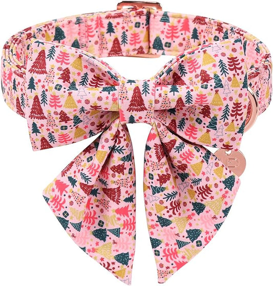 Christmas Dog Collar with Bow Tie, Pink Christmas Tree Collars for Dogs, Adjustable Pet Collar with Cute Xmas Tree Pendant, Winter Dog Accessories for Small Medium Large Dogs XS
