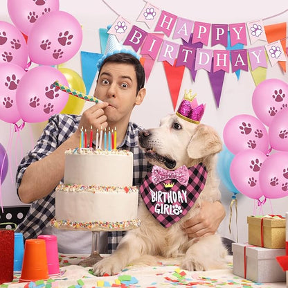 Dog Birthday Party Supplies, Dog Birthday Hat Bandana Scarf with Cute Bow Tie, Flag, Balloons for Small Medium Dogs Pets, Doggie Party Supplies Decorations