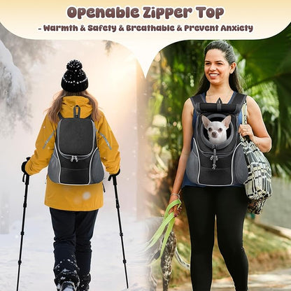 WOYYHO Pet Dog Carrier Backpack with Top and Side Windows, Small Dog Front Backpack Ventilated Dog Back Pack with Safety Belt for Travel Hiking Outdoor Adventures (Size L: 10-14 lbs, Black 2.0)