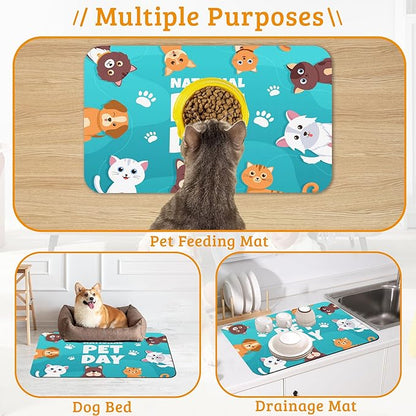 Pet Dog Cat Food Mat,Animal Paws Absorbent Waterproof Placemat for Food and Water Non Slip Rubber Backing Durable Feeding Pad for Clean Floors 16" x 24"