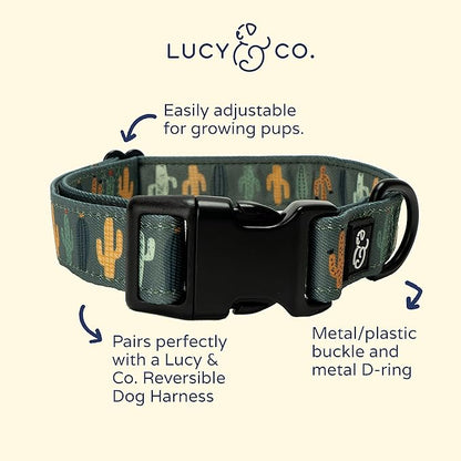 Lucy & Co. Looking Sharp Dog Collar - Durable Lightweight Designer Collar for Pets - Adjustable Metal Safety Buckle - Green Gold Cactus - Small