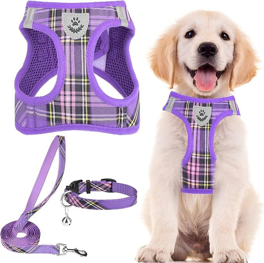 PUPTECK Adjustable Dog Harness Collar and Leash Set Step in No Pull Pet Harness for Small Medium Dogs Puppy and Cats Outdoor Walking Running, Soft Mesh Padded Reflective Vest Harnesses, Purple S