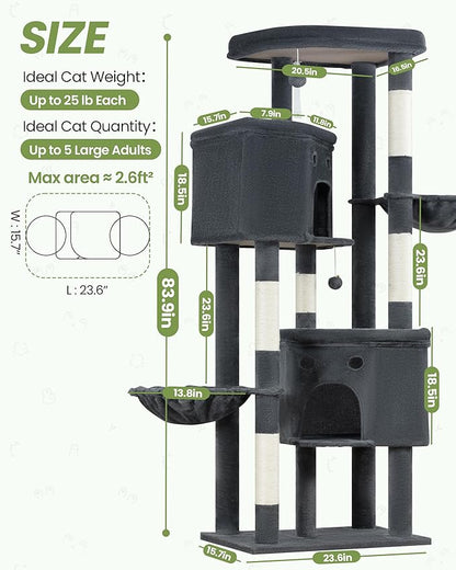 Extra Large Cat Tree, 84 Inch XXL Giant Cat Tower for Indoor Cats Large Adult 20lb+, Multi-Level Cat Climbing Condo with 5 Scratching Posts, 3 Wide Platform Perches, 2 Baskets, 2 Cat Caves, Dark Grey