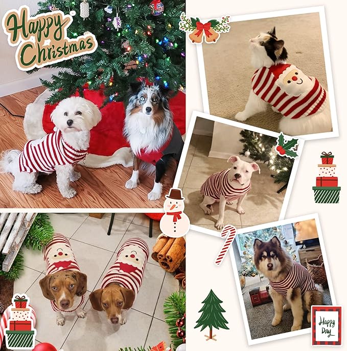Dog Christmas Sweater Xmas Pet Clothes Cute Striped Santa Claus Costume Holiday Puppy Cat Jumpers Outfits New Year Gifts for Small Medium Large Dogs (XXL, Red White Stripe Santa Claus)