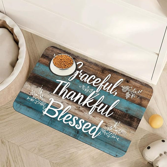 Thankful Grateful Blessed Dog Cat Food Mat,Vintage Wooden Absorbent Pet Feeding Mat for Food and Water, Non-Slip Dog Bowl Mats Floor Protector 16"x24"