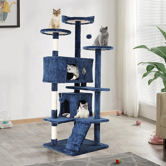 Heavy Duty Cat Tree Tower, 54" Tall Cat Tower for Indoor Cats with Cat Scratching Post with Bed, Cat Condo, Hanging Ball, Multi-Level Cat Climbing Tower Cat Trees Furniture Activity Center, Navy Blue