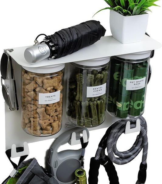 Dog Treat Holder For Wall Storage For Pets, Premium Pet Wall Organizer, Includes Three 32oz Airtight Dog Treat Jars, 3 Sets of Triple Hooks, Sturdy Shelf in Designer White