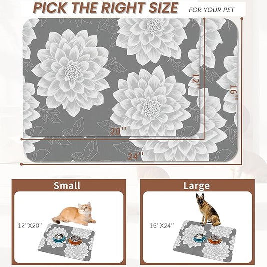 Dahlia Dog Cat Food Mat,Gray White Flowers Absorbent Pet Feeding Mat with Rubber Backing,Non-Slip Water Bowl Placemat,Indoor Pet Accessories Supplies 12"x20"