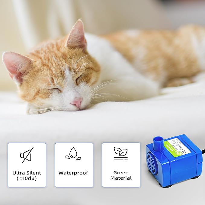 IP68 DR-DC160 Submersible Water Pump Cat Water Fountain Pump for Tritone Ceramic Stainless Steel Round Flower Cap Cat Fountains Automatic Pet Water Dispenser Replacement Pump (with LED&Adapter&Brush)