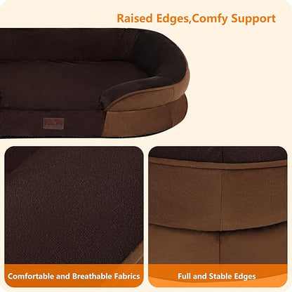 Dwanton Orthopedic Dog Bed for Large Dogs with Gel Memory Foam, Waterproof Dog Sofa, Washable Pet Bed with Four Sided Bolster Cushion, Removable Cover & Non-Slip Bottom, 42", Brown