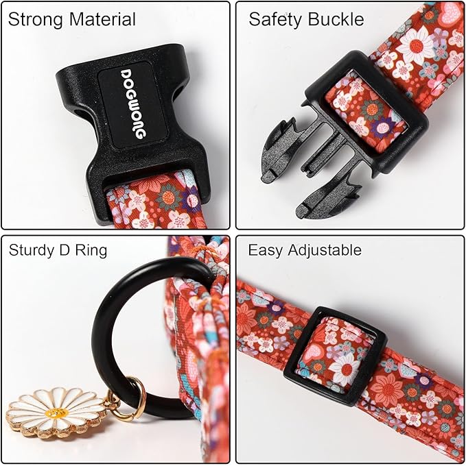 DOGWONG Red Flower Dog Collar, Cute Adjustable Floral Collar, Girl Female Dog Collar with Strong Plastic Buckle for Small Medium Large Dogs,XL