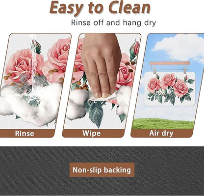 Pink Rose Pet Feeding Mat,Vintage Absorbent Quick-Dry Cat Dog Food and Water Bowl Mats,Non-Slip Rubber Backing Mat,Cat Dog Accessories Supplies 16"x24"
