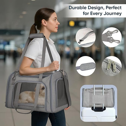 Pet Travel Carrier Bag – Airline Approved Soft-Sided Dog & Cat Carrier, Foldable, Breathable Mesh, Washable Pad – Fits Pets up to 15 lbs – The Pup Quartet (Grey)