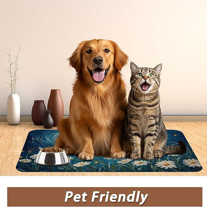 Starry Night Pet Feeding Mat,Moon Daisy Flower Absorbent Quick-Dry Cat Dog Food and Water Bowl Mats,Non-Slip Rubber Backing Mat,Cat Dog Accessories Supplies 16"x24"