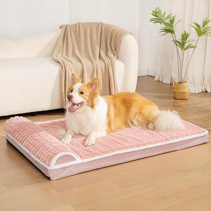 Orthopedic XL Dog Bed Large Sized Dog with Pillow 48''X30'', Waterproof Soft Comfortable Egg Crate Foam Pet Crate Beds Mat with Removable Washable Cover and Non-Slip Bottom, Pink