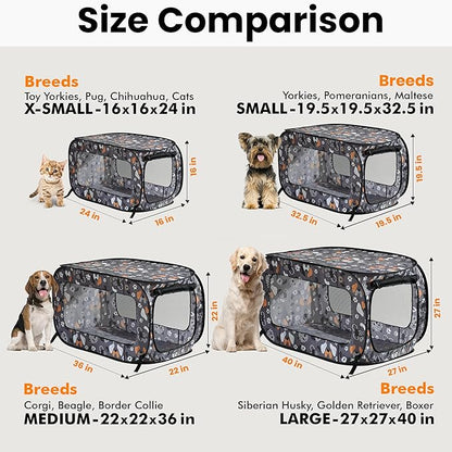 Beatrice Home Fashions Portable, Collapsible, Pop Up Kennel Travel Cat and Dog Crate, 32.5" L x 19.5" W x 19.5" H, Face of Love