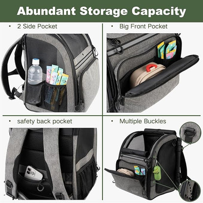 Premium Dog & Cat Carrier Backpack for Travel, Hiking & Vet Visits - Solid Durable Pet Backpack with Breathable Mesh, Safety Strap, Anti-Anxiety Curtain & Storage Pockets, Gray