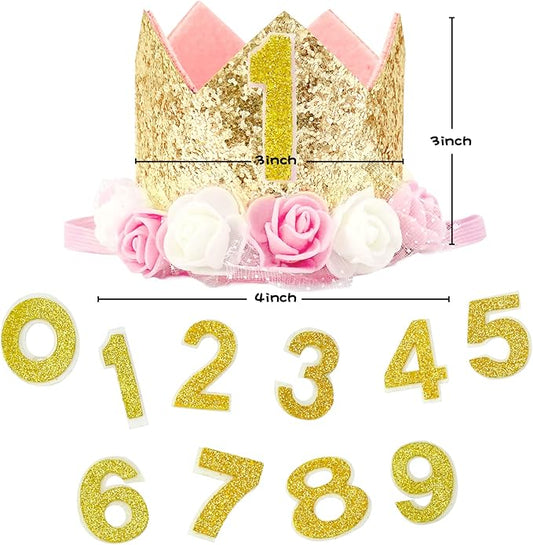 Dog Birthday Crown Hat - Reusable Party Crown with 0-9 Figures Charms for Dogs & Cats - Gold