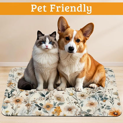 Vintage Flowers Dog Cat Food Mat,Herbs Absorbent Waterproof Placemat for Food and Water Non Slip Rubber Backing Durable Feeding Pad for Clean Floors 12" x 20"