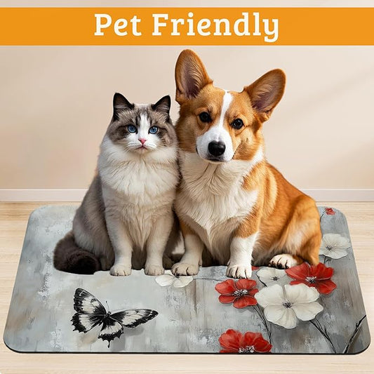 ButterflyFlowers Dog Cat Food Mat,Red White Absorbent Waterproof Placemat for Food and Water Non Slip Rubber Backing Durable Feeding Pad for Clean Floors 12" x 20"