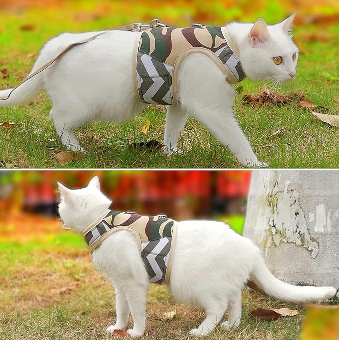 Cat Harness and Leash Set for Walking Escape Proof, Adjustable Cat Vest Harness, Padded Stylish Cat Walking Jackets, Camo Green, Small