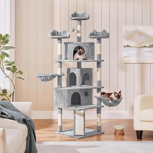 Yaheetech 76.5in Multi-Level Large Cat Tree, Big Cat Tower with 3 Condos, Cozy Plush Perches, 9 Sisal Scratching Posts and Ladder, Activity Center for Large Kitties, Light Gray
