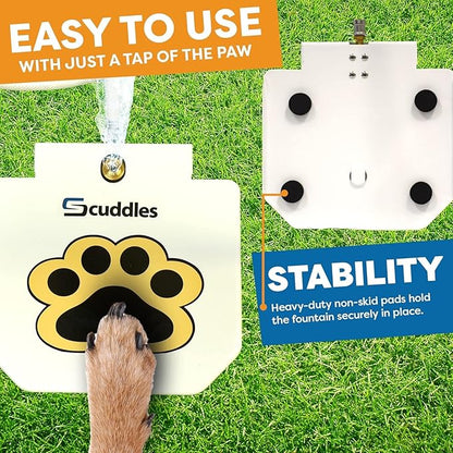 Scuddles Dog Sprinkler, Paw Activated Water Fountain, Outdoor Dog Water Sprinkler with Copper Valve, Easy Step-On Pedal, Perfect For Dogs to Stay Cool and Hydrated, Hose Attachment and Training Guide,