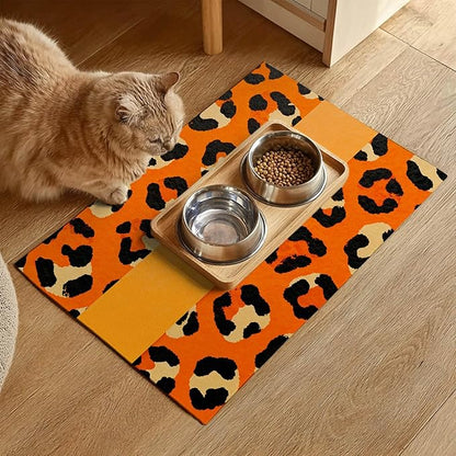 Puppy Feeding Mat 20x12 inch Orange Leopard Print Dog Bowl Placemat Non Slip Mat for Pet Food and Water Small Dog Food Area Indoor Puppy Feeding Station Pet Meal Mats for Kitchen