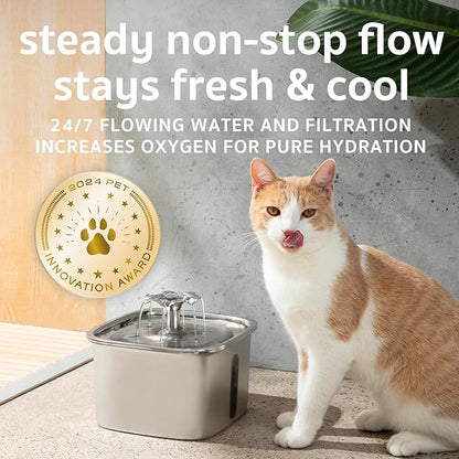 Veken Innovation Award Winner Stainless Steel Cat Water Fountain, 95oz/2.8L Automatic Pet Fountain Dog Water Dispenser with Replacement Filters & Silicone Mat, Gifts for Cats, Dogs (Silver)