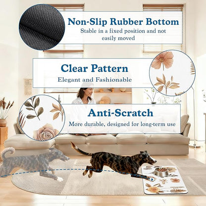 Floral Palm Leaves Dog Cat Food Mat–Christmas Stocking Absorbent Waterproof Placemat for Food and Water Bowls, Non Slip Rubber Backing, Feeding Mat for Clean Floors 12"x20"