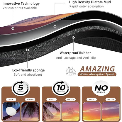 Tropical Palm Pet Feeding Mat,Sunset Trees Sea Beach Absorbent Quick-Dry Cat Dog Food and Water Bowl Mats, Non-Slip Rubber Backing Mat, Cat Dog Accessories Supplies 12"x20"