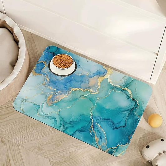 Marble Dog Cat Food Mat,Blue Teal Turquoise Gold Absorbent Pet Feeding Mat with Rubber Backing,Non-Slip Water Bowl Placemat,Indoor Pet Accessories Supplies 12"x20"