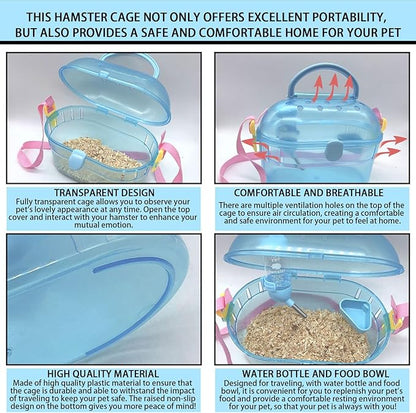 Portable Hamster Cage Syrian Hamster Carry Travel Cage with Water Bottle Food Bowl Adjustable Strap Pet Outgoing Cages for Gerbil Squirrel Guinea Pig Hedgehog Chinchilla