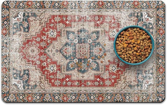 Dog Food Mats for Floors, Absorbent and Quick-Drying Pet Cat Food Mat,Anti-Fouling and Easy-to-Clean Pet Feeding Mat,Dog Bowl Mat for Messy Drinking Water Bowls.12 x20, Bohemia Style