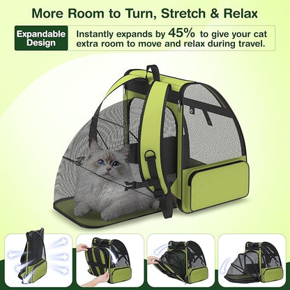 Cat Backpack Carrier for Travel Hiking: Expandable Foldable Breathable Mesh Soft Sided Ergonomic Design Small Dog Puppy Kitty up to 15lbs Camping Outdoor Green