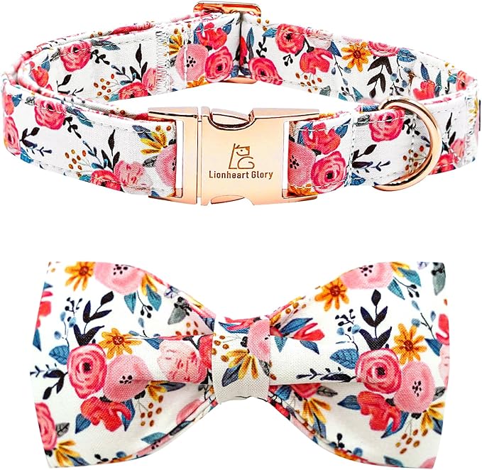 Lionheart glory Dog Collar Bow Collar Floral Dog Collar with Bow Tie Spring Summer Cute Collar Dog Boy or Girl Dog Collars Soft Durable Adjustable Dog Collars for Large Dogs